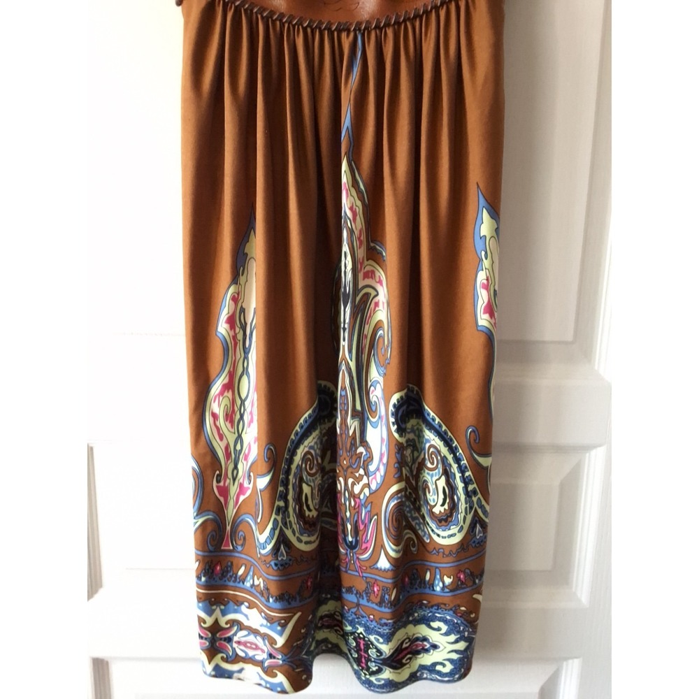 Sky Brand Women M 100% Silk Mini Dress Leather Accent Paisley Coastal cowboy Y2K - Picture 5 of 7